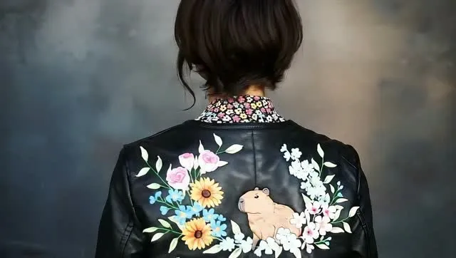 Leather Jacket with Flowers & Capybara